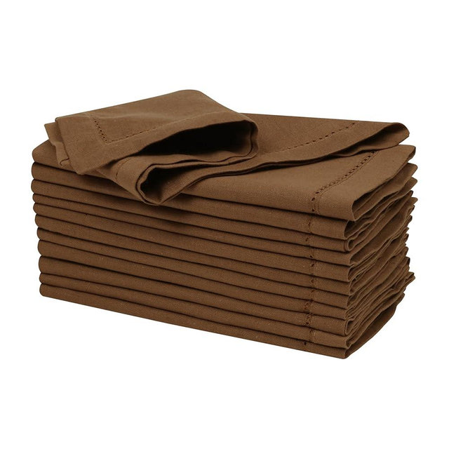 Ramanta Home Linen Flax Cloth Napkins Set of 12 - Soft & Durable Hemstitched Dinner Napkin for Wedding Parties Events | Washable Premium Cotton Table Décor for Everyday Use 18x18 Inch - Brown
