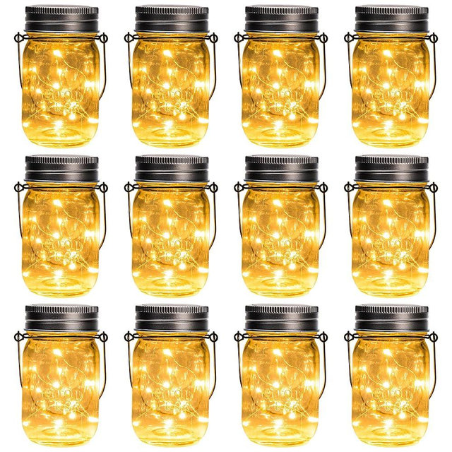 GIGALUMI Solar Mason Jar Lights, 12 Pack 30 Led String Fairy Lights Garden Lights Outdoor Waterproof Hanging Solar Lanterns for Outdoor, Garden, Patio, Lawn, Balcony Decoration