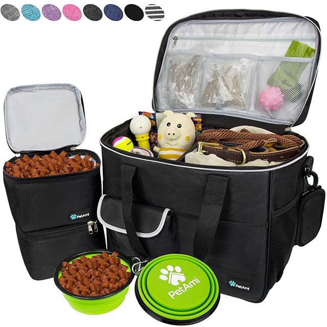 PetAmi Dog Travel Bag | Airline Approved Tote Organizer with Multi-Function Pockets, Food Container Bag and Collapsible Bowl | Perfect Weekend Pet Travel Set for Dog, Cat