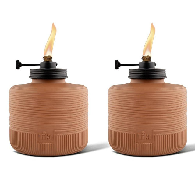 TIKI Amber Horizon Glass Table Torches 2-Pack, 6.5" – Orange Outdoor Tiki Tabletop Torches for Patio & Backyard | Adjustable Flame Height | Weather-Resistant | Includes Long-Lasting Wick & Snuffer