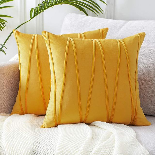 Top Finel Decorative Hand-Made Throw Pillow Covers Soft Particles Velvet Solid Cushion Covers 20 X 20 for Couch Bedroom Car, Pack of 2, Mustard Yellow