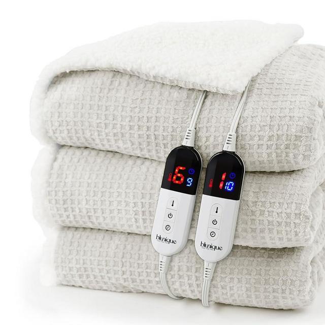blunique Heated Blanket Electric Blanket Queen Waffle, 84x90 Inches Dual Controllers Sherpa Fleece Fast Heating Blanket 6 Heating Levels & 10 Hours Auto Off ETL Certification, Light Gray Queen