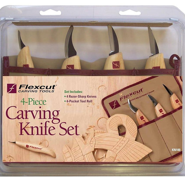 Flexcut Wood Carving Tools 4 Piece Carving Knife Set KN100 | Wood Carving Knife Set with 1095 High Carbon Steel Blades Plus Tool Storage Roll | Whittling Knives Include Solid Ash Handle