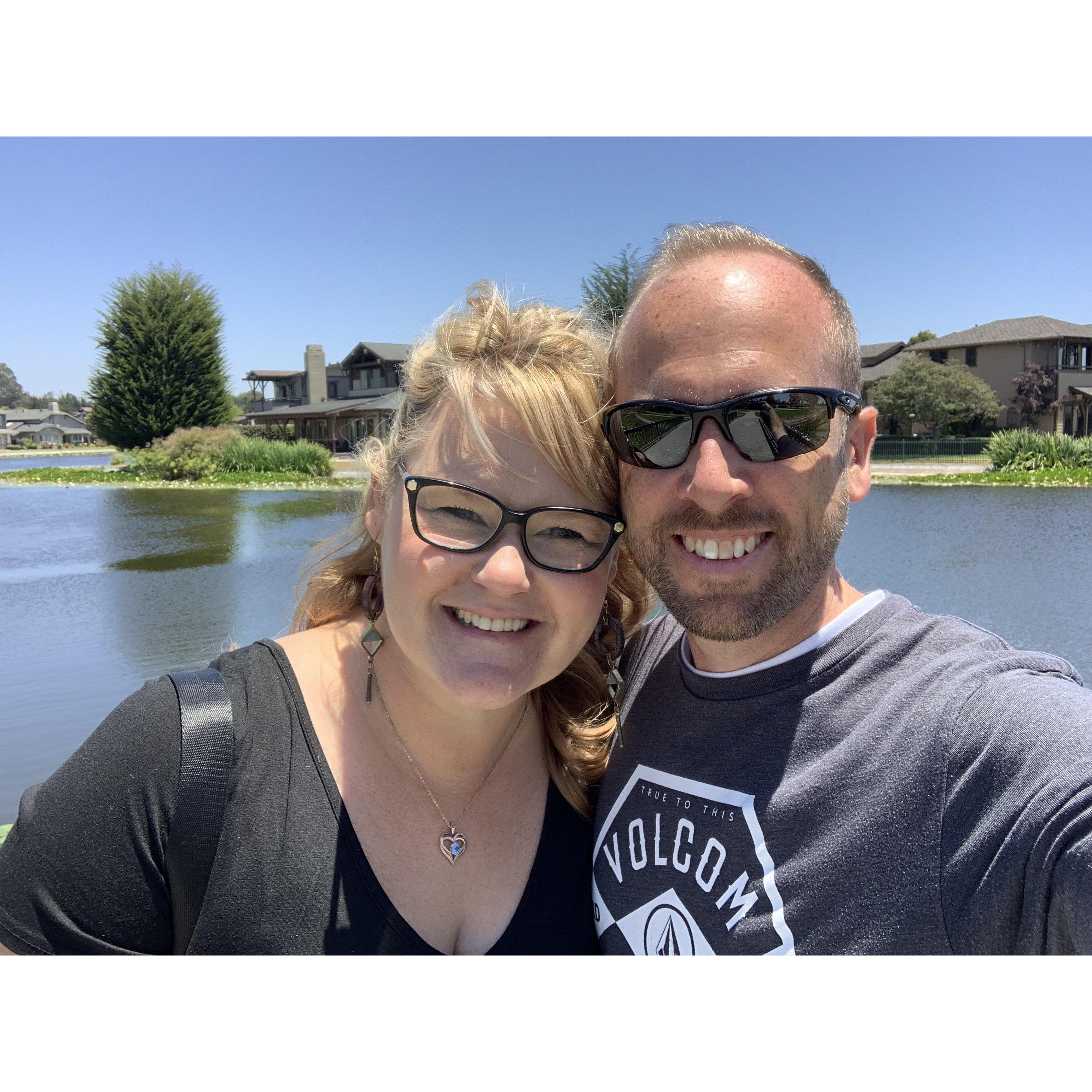 Happy faces of a couple who had just decided on a venue! (Photo taken in front of one of the water features at our venue, Cypress Ridge Pavilion.)