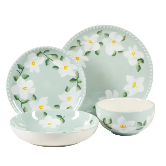 Bloomhouse Magnolia Bloom 16 Piece Double Bowl Hand Painted Stoneware Plates and Bowls Floral Dinnerware Set