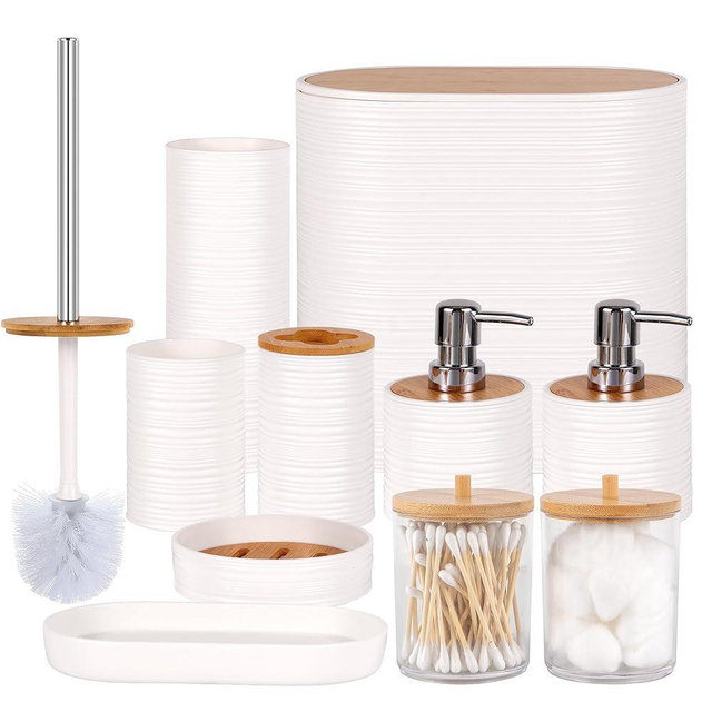 Bathroom Accessory Set,10 PCS White Bathroom Accessories Set with Trash Can, Toothbrush Holder, Soap Dispenser, Toothbrush Cup, Vanity Tray, Soap Dish, Toilet Brush, Qtip Holders