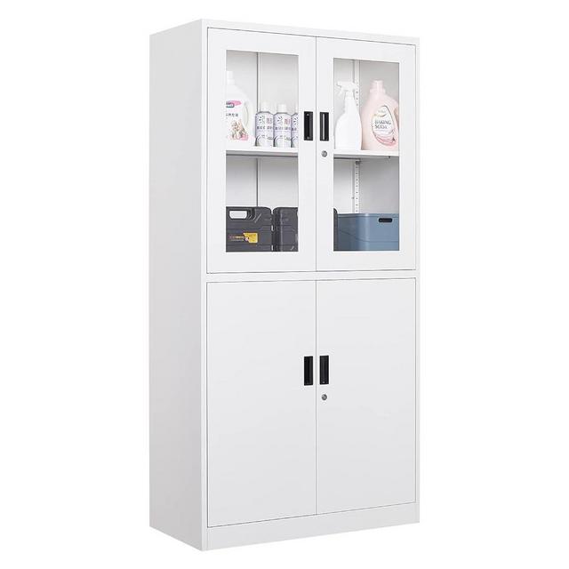 Anxxsu Metal Storage Cabinet with Doors and Shelves，71" Locking Steel Storage Cabinet with Tempered Glass Door, with 2 Adjustable Shelves and 4 Doors for Home, Office, Garage Storage (White)