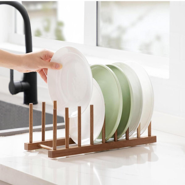 HBlife Acacia Wooden Plate Organizer for Cabinet, Cutting Board Stand Drainer Storage Plate Rack for Dish, Pot Lid, Bowl, Cup, Cutting Board and Books