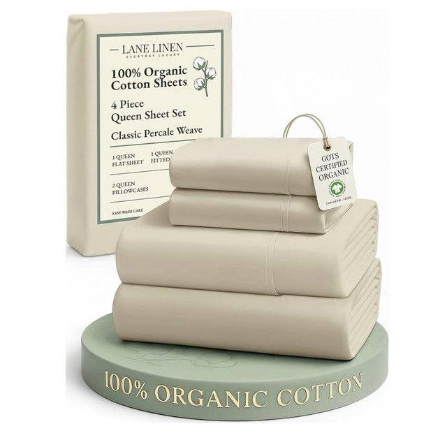 LANE LINEN 100% Organic Cotton Queen Size Sheets Set, Eco Friedly Mercerized Fully Elasticized Queen Sheets, Naturally Temperature Regulating Cooling Cotton Sheets- Linen