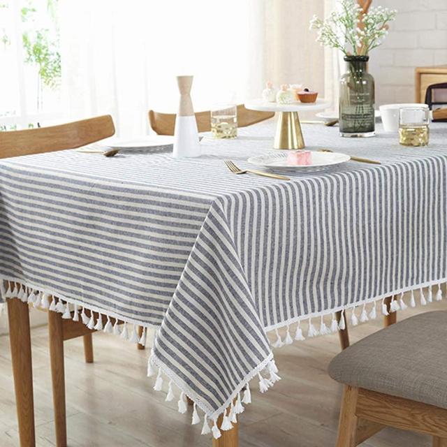 AMZALI Stripe Tassel Tablecloth Cotton Linen Stain Resistant/Dust-Proof Waterproof Table Cover for Kitchen Dinning Tabletop Decoration (Rectangle/Oblong,55 x 98 Inch, Blue)