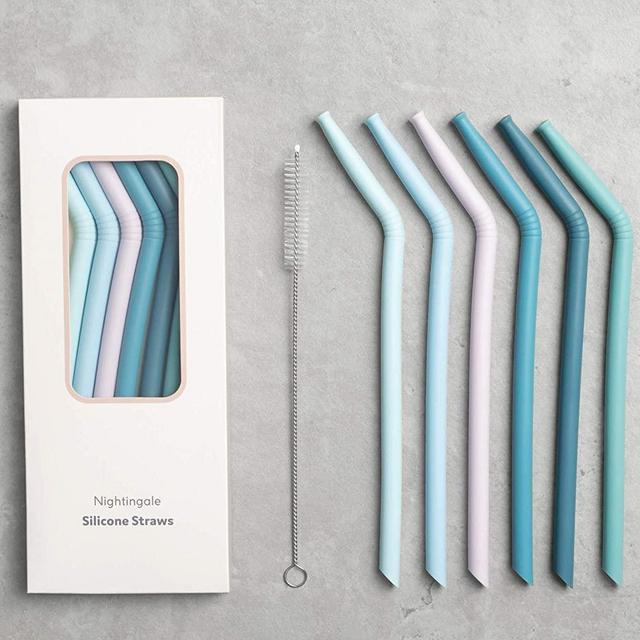 Nightingale Silicone Straw - Flexible & Reusable Drinking Straws with Cleaning Brush for Toddlers & Kids - with Bendable Tips – Soft, Food-Safe Material, No BPA - Dishwasher Safe - Set of 6 - Marine
