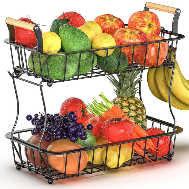 Crixny 2 Tier Fruit Basket for Kitchen Counter with 2 Banana Hangers, Fruit Bowl for Kitchen Counter, Large Fruit Basket Stand, Fruit and Vegetable Storage Fruit Holder for Produce Snack Onion Bread