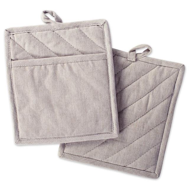 DII Cotton Chambray Pot Holders with Pocket, 9x8" Set of 2, Machine Washable and Heat Resistant Pocket Mitts for Kitchen Cooking and Baking-Natural