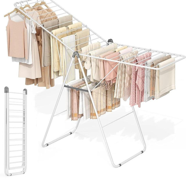 APEXCHASER Clothes Drying Rack, Foldable Drying Rack Clothing, Sturdy Metal Laundry Drying Rack, Height-Adjustable Gullwing, Easy to Fold, Space-Saving, for Indoor Outdoor, White