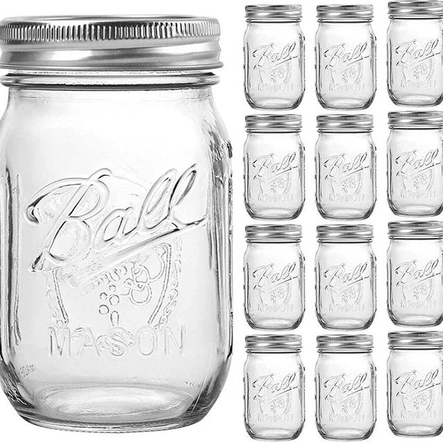 Bedoo Ball Mason Jars 16 oz Regular Mouth Lids and Bands [Set of 12] Pint Mason Jars Clear Glass Canning Jars 16-Ounces, Airtight Lids, Dishwasher Safe