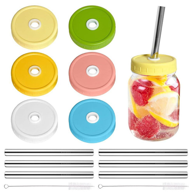 SusuBee 6 Plastic Pack Mason Jar Lids, Colorful Wide Mouth Mason Jar Drinking Lids Compatible for Mason Jar, Canning Ball Jars, with Straws and Cleaning Brush (JAR NOT INCLUDES)
