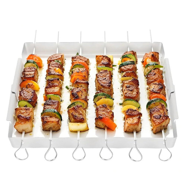 Laexepelle Stainless Steel BBQ Shish Kabob Set, Foldable Grill Rack with 6pcs 13"L Reusable Skewers for Ooudoor Indoor Party and Cookout