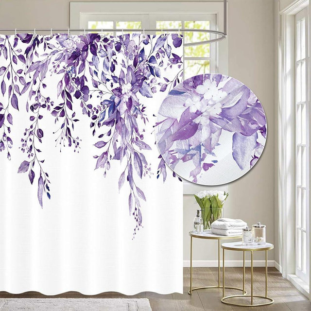 Tititex Purple Leaves Faux Linen Textured Shower Curtain, Watercolor Eucalyptus On The Top Plant Bathroom Decoration Shower Curtain Sets 72x72 Inch with Hooks