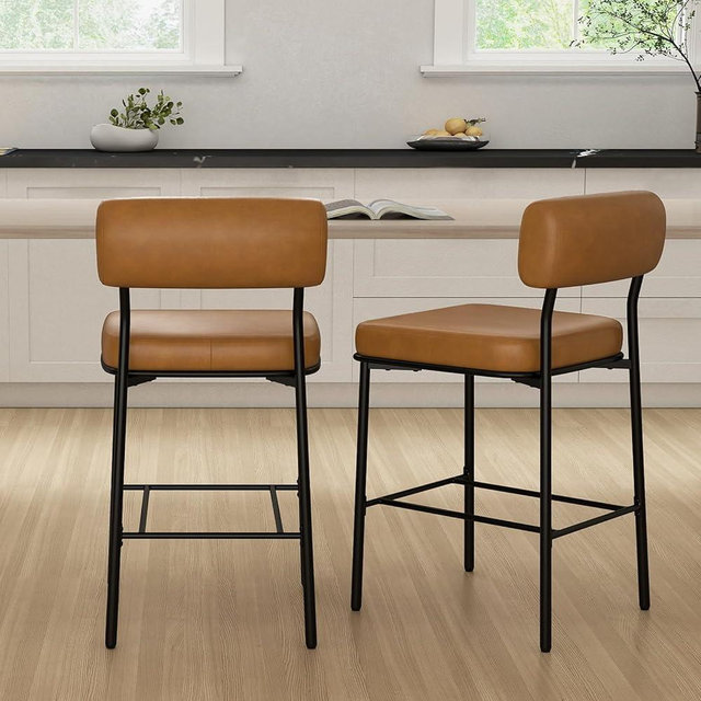 SAECKBERG 26" Counter Height Bar Stools Set of 2, Upholstered Barstools with Backs, Whiskey Brown Faux Leather, Metal Bar Height Chairs, Mid Century Modern Counter Stools for Kitchen Island