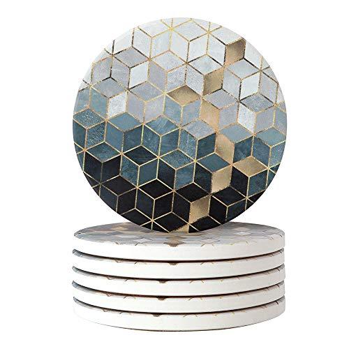 Lahome Water Cube Pattern Coasters - Round Drinks Absorbent Stone Coaster Set with Ceramic Stone and Cork Base for Kinds of Mugs and Cups (6, Water Cube)
