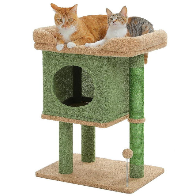 PAWZ Road Cat Tree for Indoor Cats, 26 Inches Cactus Cat Tower with Large Perch, Private Condo, Small Cat Condo with Spring Ball & 2 Scratching Posts for Cats