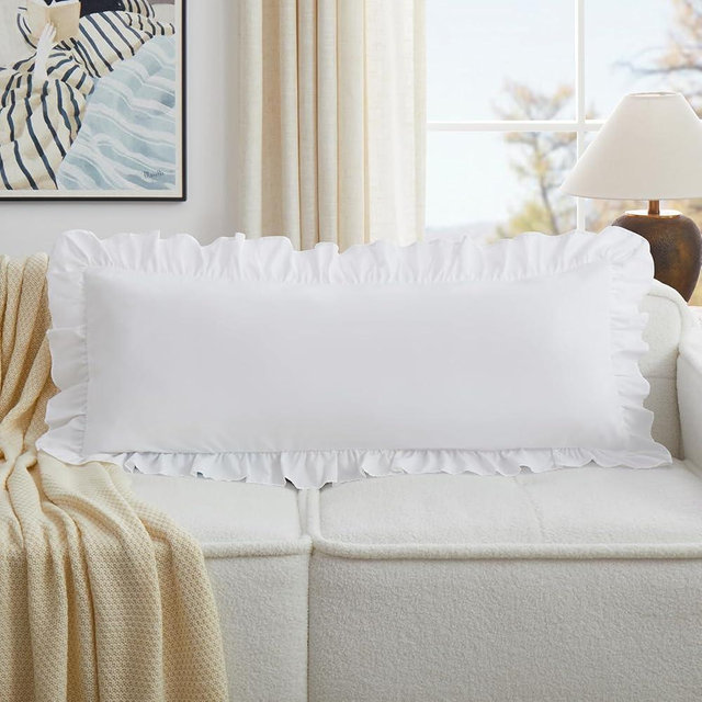 KKJIAF White Lumbar Pillow Covers 14x36 Inch Set of 1, Microfiber Ruffled Pillow Shams, Ruffle Euro Sham Pillow Covers Lumbar Pillow Case for Couch Bed Livingroom