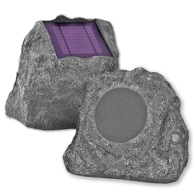 Outdoor Rock Speaker Pair - Wireless Bluetooth Speakers for Garden, Patio, Waterproof, Built for all Seasons Solar Powered with Rechargeable Battery, Music Streaming - Charcoal