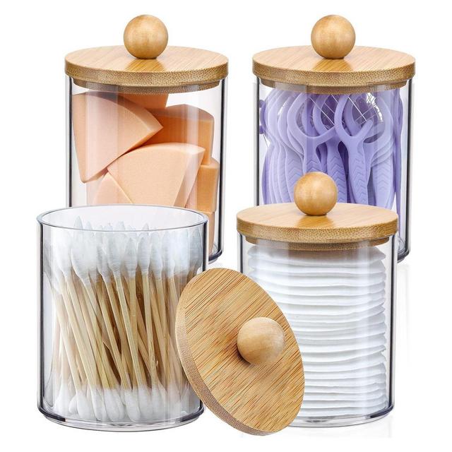 Maison Acrylic Qtip Holder Dispenser Wooden Covers 4 Pack