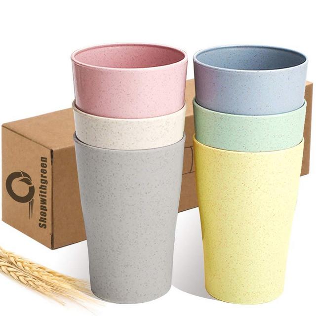 Shopwithgreen 6 PCS Unbreakable Reusable Drinking Cups (14 OZ), Tea Juice Coffee Cup Pack Wheat Straw Healthy Tumbler Set 6-Multicolor, Non-Toxic BPA Free Dishwasher Safe