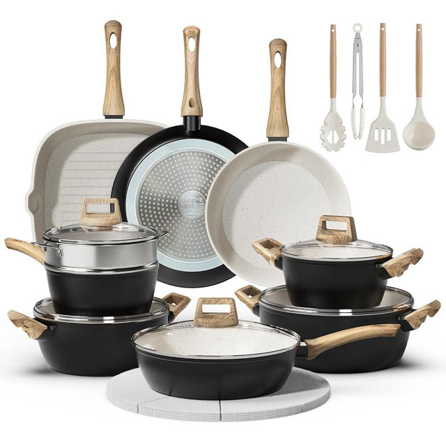 Bazova 24 Pcs Pots and Pans Set Non Stick Ceramic Cookware Set with 3 Stockpots, White Interior Black Exterior, Healthy Non-Toxic, Large Capacity, Induction Compatible, PFAS/PTFE/PFOA Free
