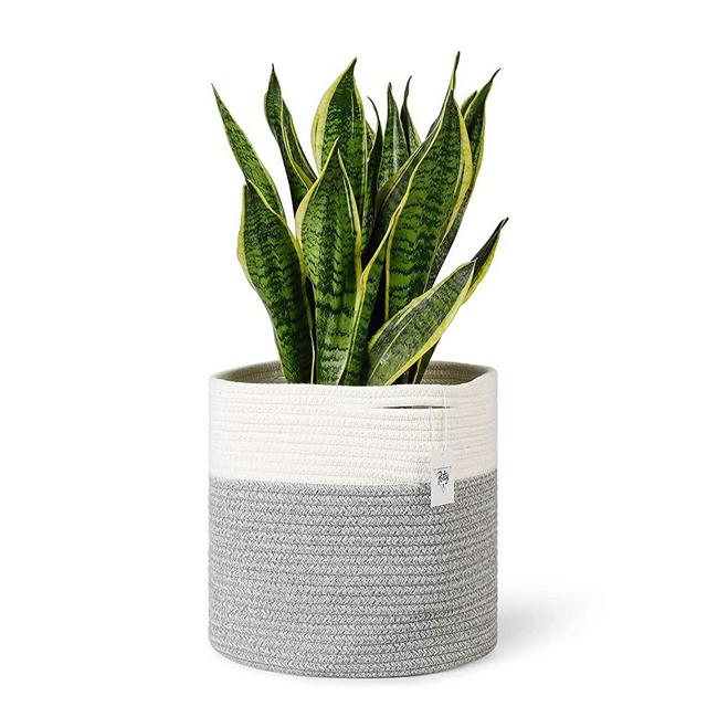 POTEY 700903 Woven Cotton Rope Plant Basket for 11" Flower Pot Floor Indoor Planters, 12” x 12” Storage Basket Organizer Modern Home Decor, White Grey Stripes