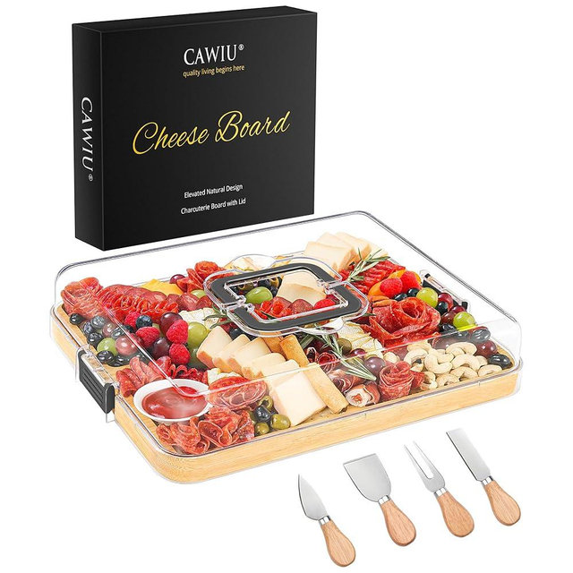 CAWIU Portable Travel Charcuterie Board with Lid and Handle - Large Bamboo Cheese Board with 4 Cheese Knife Set for Outdoor, Picnics - Weddings, House Warming Gift for Women (6 Compartments, Black)