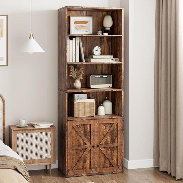 GAOMON Bookcase with Doors Farmhouse Bookshelf 11.8in Depth Wooden Display Storage Shelves 71.4in Tall Bookcases Industrial 6 Shelf Grey Bookshelves for Bedroom, Living Room, Home Office