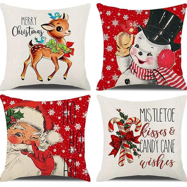 KACOPOL Christmas Decorations Pillow Covers 18×18 Set of 4 Snowflake Santa Snowman Deer Bird Candy Cane Xmas Rustic Winter Holiday Throw Pillows Christmas Decor Cushion Cases K031 (18"x18", Red)