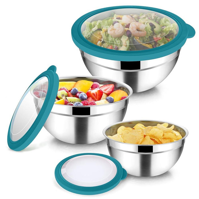 TeamFar Mixing Bowl Set, 4.5/3/1.5 QT Stainless Steel Nesting Salad Bowls with Airtight Lids, For Serving/Mixing/Storing/Prepping, Non-Toxic & Sturdy, Visible & Easy Clean, Dark Blue, Set of 3
