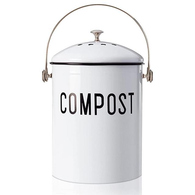 White Kitchen Compost Bin Plus 2 Non-Smell Filters, 1.3 Gallon Farmhouse Compost Bin for Countertop, Durable Compost Bin Kitchen with Handle, Easy to Clean, Rust Proof Composting Bin, Compost Bucket