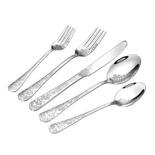 Floral 20 Pcs Silverware Set for 4, Food Grade Stainless Steel Flatware Set with Rose Flower Embossed Design, Eating Utensils Sets Include Fork/Knife/Spoon, Reusable Cutlery Set, Dishwasher Safe