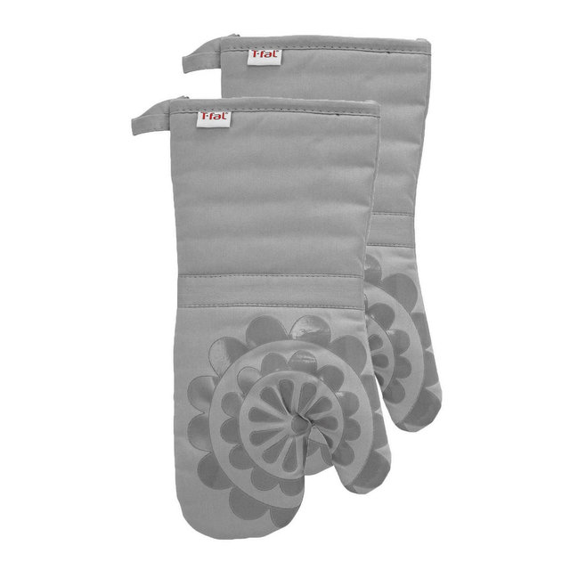 T-fal Medallion Print Silicone and Cotton Twill Oven Mitts, Two Pack, Gray