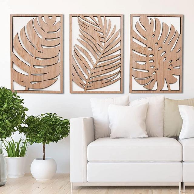 Leaves Wood Wall Art Panels Set of 3 Tropical Monstera Leaf Wall Decor, Boho, Modern Farmhouse