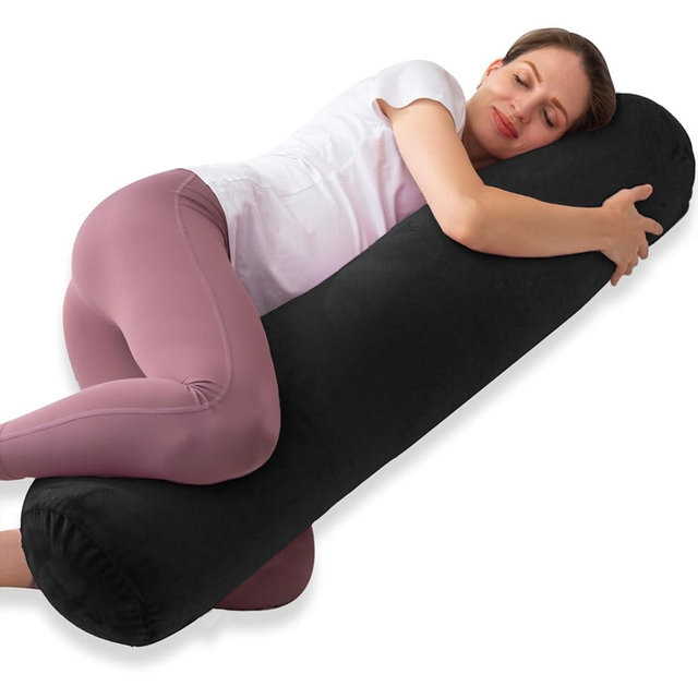 1 MIDDLE ONE Round Body Pillow for Adults, Long Bolster Pillow for Bed with Removable Velvet Cover, Decorative Tube Roll Cylinder Pillow, 47 x 7.87 Inch, Black