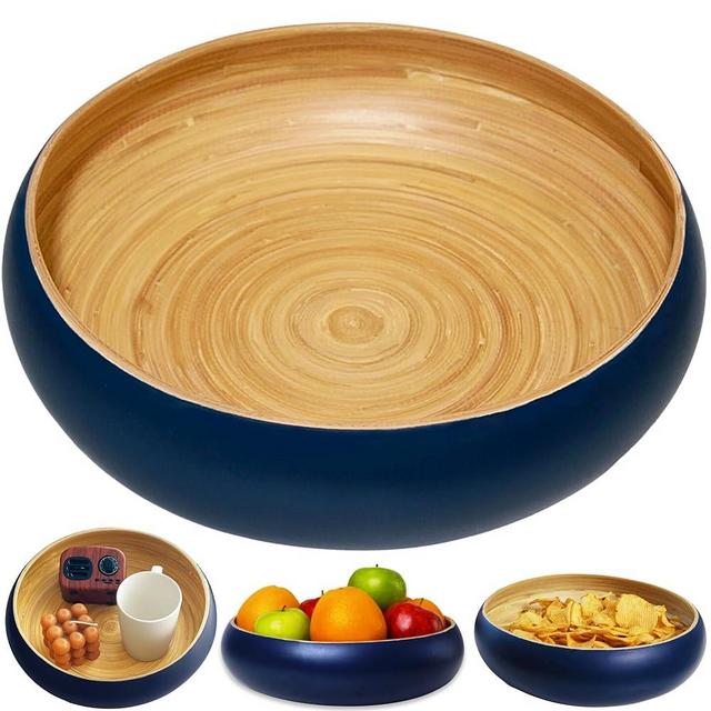 100% Handmade Natural Bamboo Fruit Bowl 12 inch - Extra Large Decorative Bowl For Kitchen Counter & Home Decor, Wooden Bowl For Salad & Candy, Reusable Serving Bowl, Vegetable Bowl (Blue)