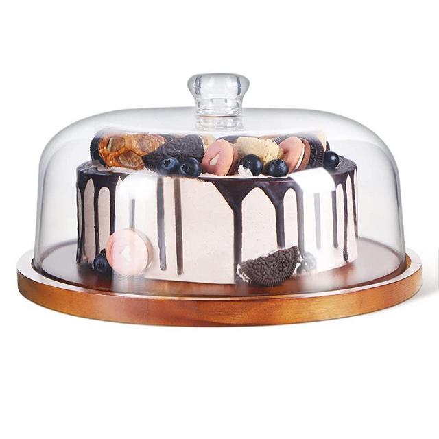 Wood Cake Stand with Dome,Acacia Cake Plate Holder with Acrylic Lid,Cake Display Server Tray for Kitchen,Birthday Parties,Weddings,Housewarming Gifts