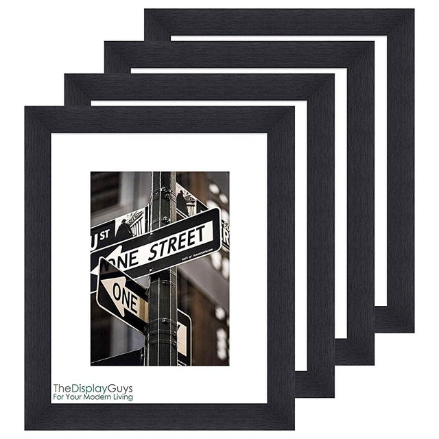 TheDisplayGuys Solid Black Wood 16x20 Picture Frames w. Tempered Glass matted to 11x14 for Wall Hanging (1" Wide Border) Set of 4