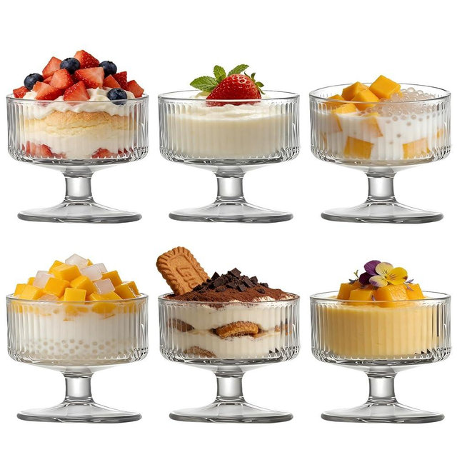 Dylvan Set of 6 Glass Dessert Bowls, 6.09oz Stylish Stemmed Bowls, Perfect for Fruit Salads, Puddings and Appetizers, Durable, Easy to Clean, Stackable Modern Design