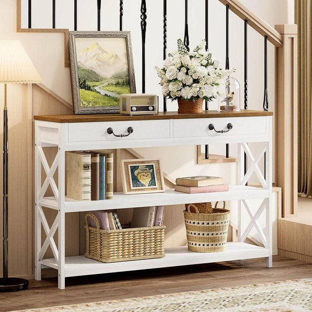 IRONCK Farmhouse Console Table, Sofa Table with Drawer, Narrow Long Entry Table with 2 Shelf for Entryway, Living Room, Hallway, White/Walnut
