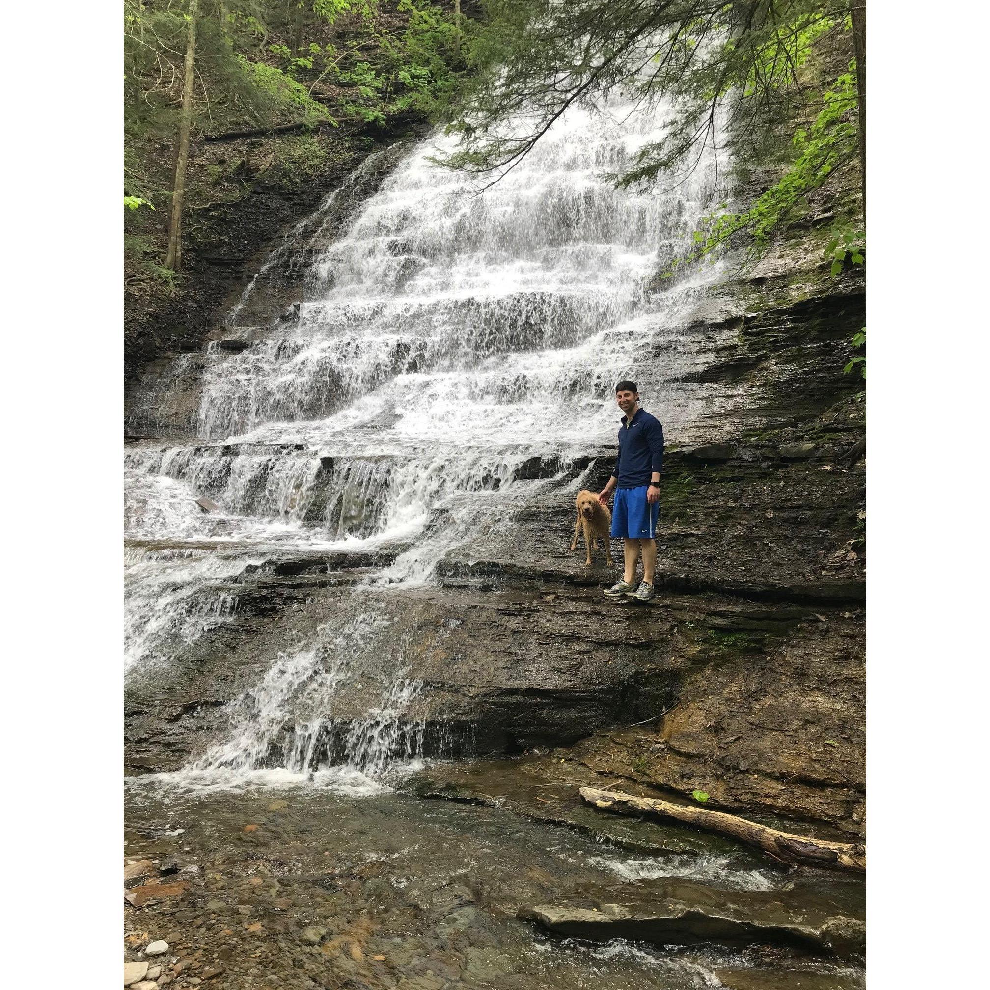 Brian and Waffles at 1st Waterfall on Grimes Glenn Hike (the hike Megan will be doing on Saturday)