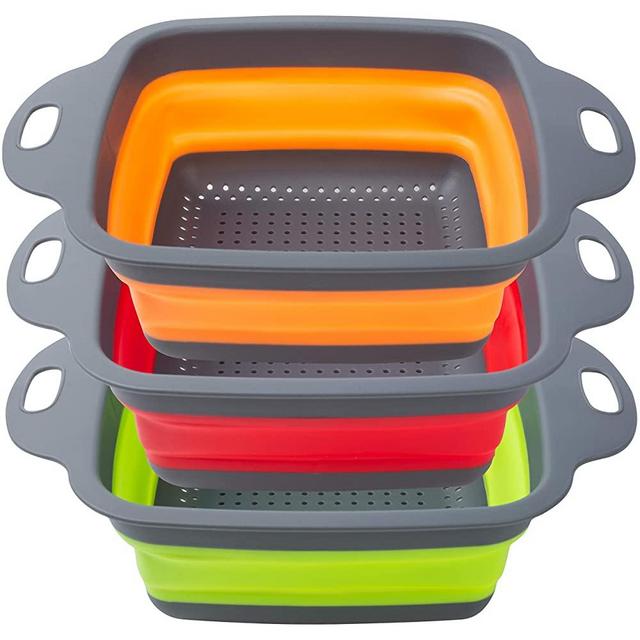 POPCO Wide Collapsible Colanders Set of 3 Large (4 Quart) Silicone Space Saving Kitchen Strainer Set - Perfect for Draining Pasta, Vegetables, Meats and fruits (Square)