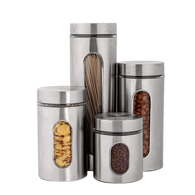 PENGKE 4 Piece Silver Stainless Steel Canister Set with Glass Windows,perfect for Kitchen Canning Cereal,Pasta,Sugar,Beans,Spice