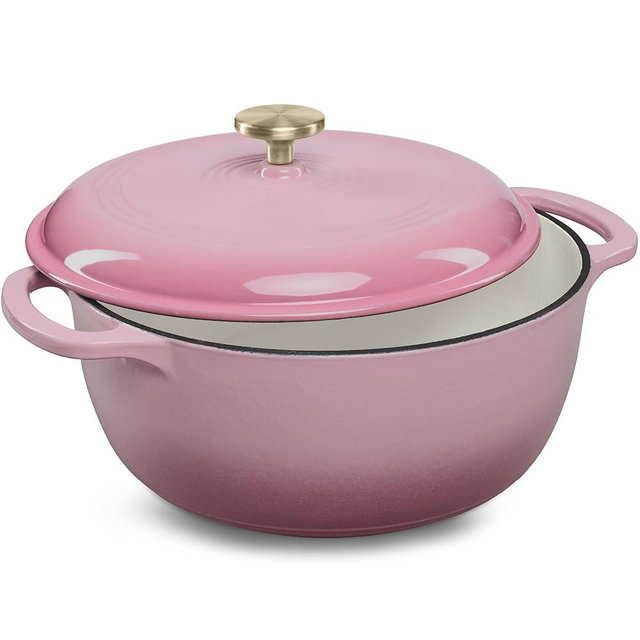 Best Choice Products 6 Quart Enamel Cast-Iron Round Dutch Oven, Family Style Heavy-Duty Pre-Seasoned Cookware for Home, Kitchen, Dining Room, Oven Safe w/Lid, Dual Handles - Pink Champagne