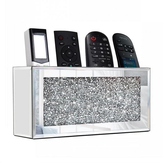 GOTHICO Mirrored Remote Holder, Wall Mounted Crush Diamond Bling Decoration Organizer Storage Box for Remote Phone Pad Wallet Notebook (8.3"×2.5"×4" for 3 or 4 Remote Controls)